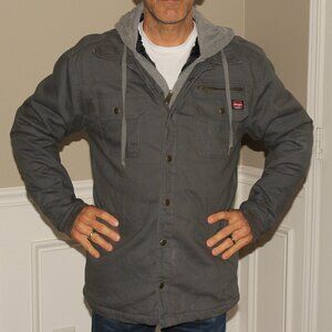 🤠 Wrangler Workwear Shirt Jacket Mens Large Gray Coat Snap Hoodie Shacket READ